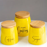 Kit 3 Latas Coffee Sugar e Cookies Sunshine Yoi Potes para Biscoitos Açúcar e Café em Aço e Bambu Mostarda